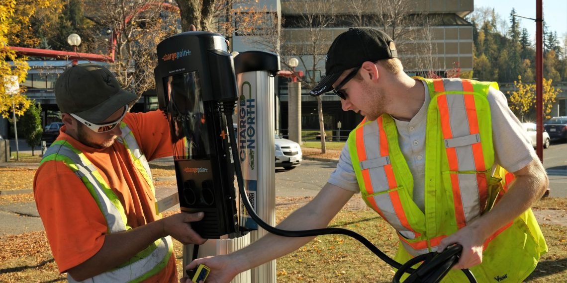 Installation of a Charge North station near the Prince George Public Library, October 2022 (Photo courtesy of Community Energy Association)