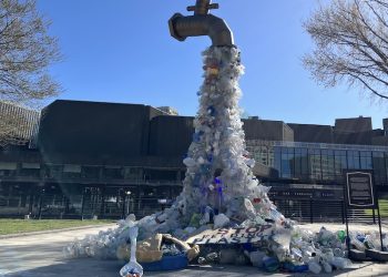 Plastic waste sculpture outside INC-4 negotiations in Ottawa, April 25, 2024/photo by Mitchell Beer