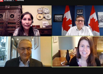 Clockwise from upper left: Sen. Rosa Galvez, Environment and Climate Minister Jonathan Wilkinson, GreenPAC Executive Director Sarah Van Exen, Obama-era White House counsellor John Podesta